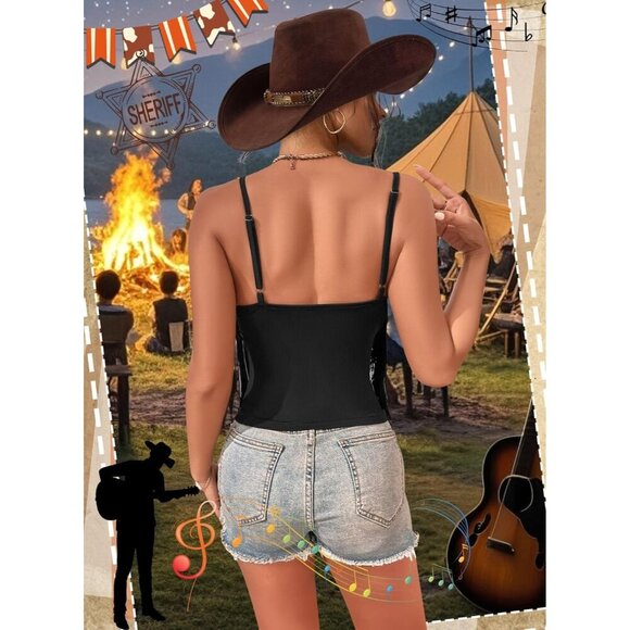 Western Cowgirl Fringe Tank Top Womens Boho Tassel Hem Casual Festival - Picture 4 of 6